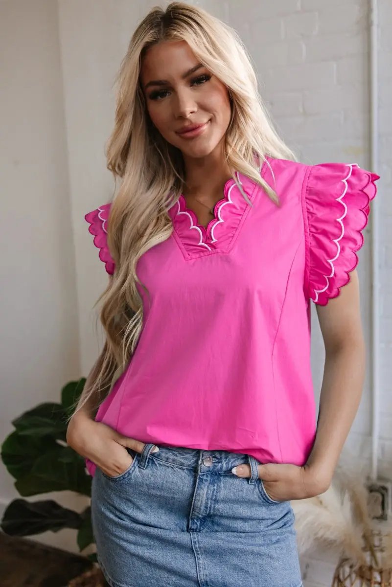 Bright Pink Contrast Scallop Trim Layered V Neck Blouse - Love Salve